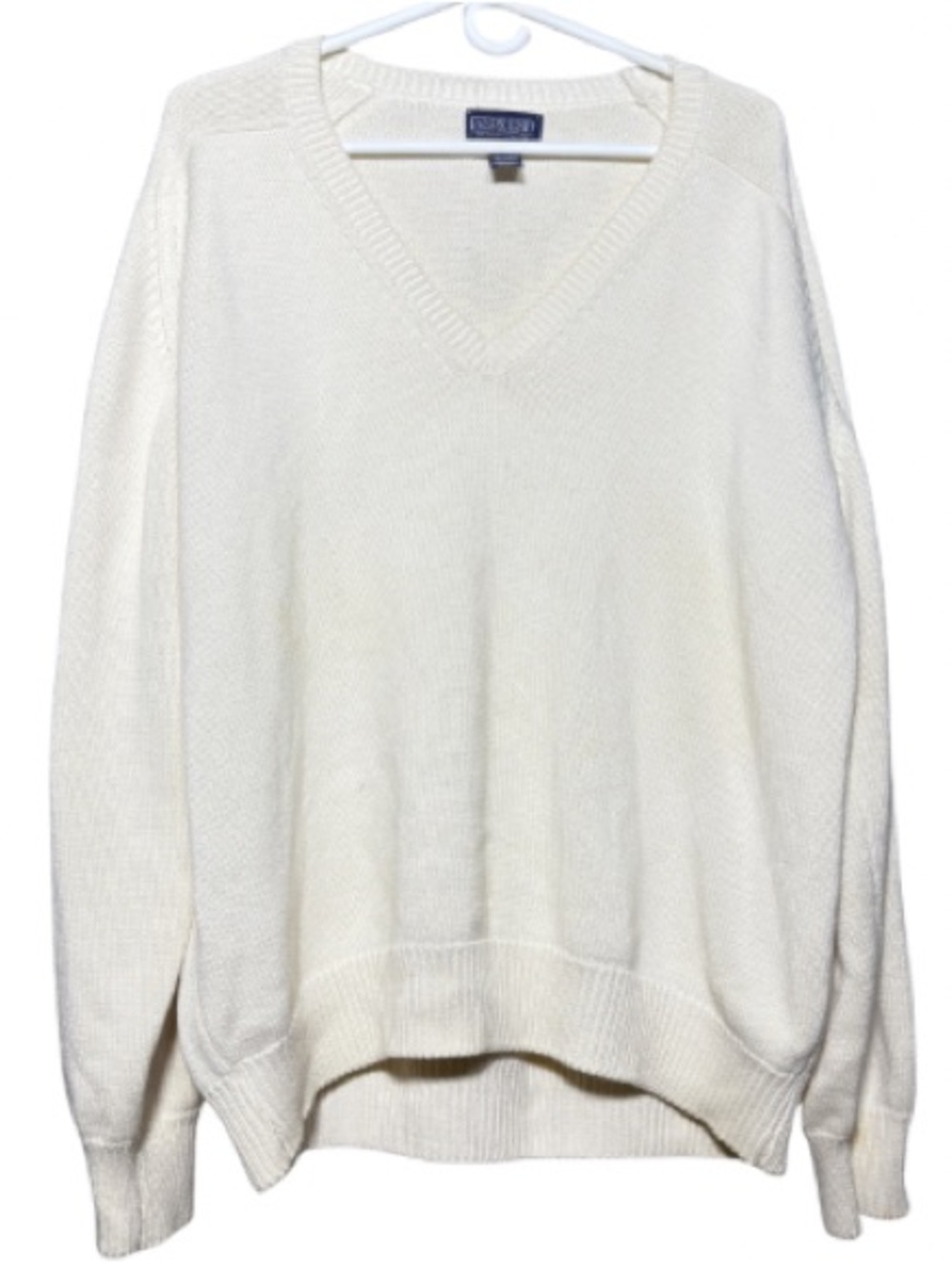 Lands' End Drifter Sweater Mens XL Cream Cotton Knit V Neck Pullover Classic